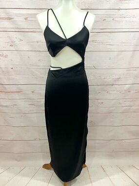 Zara Black Satin Asymmetrical Strappy Cutout Midi Slip Dress Bloggers Fave